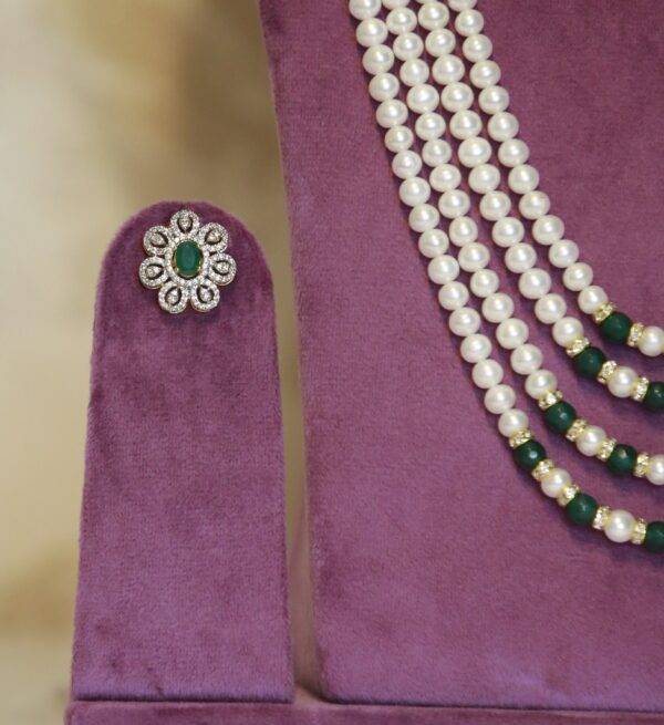 Resplendant White Round Pearls Haar With CZ & SP Emerald Side Pendants-2