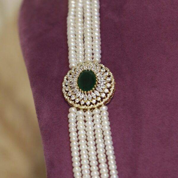 Regal White Semi Round Pearls Haar With CZ & SP Emerald Side Pendants-2