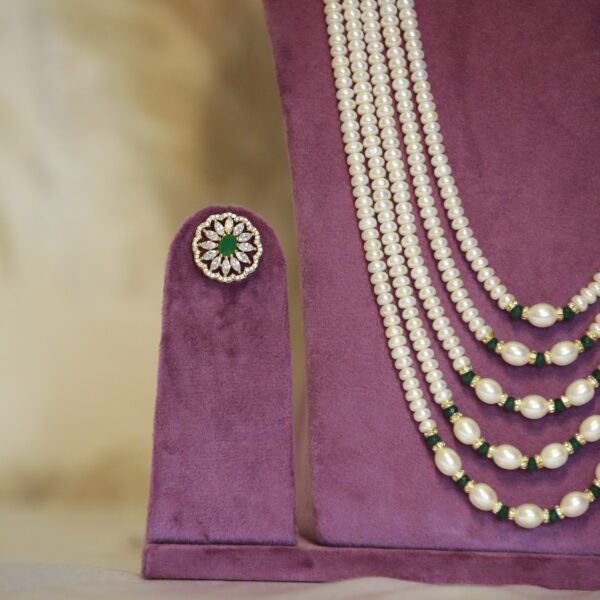 Regal White Semi Round Pearls Haar With CZ & SP Emerald Side Pendants-1