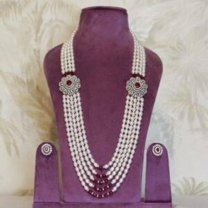 Royal White Oval Pearls Haar With CZ & SP Ruby Side Pendants