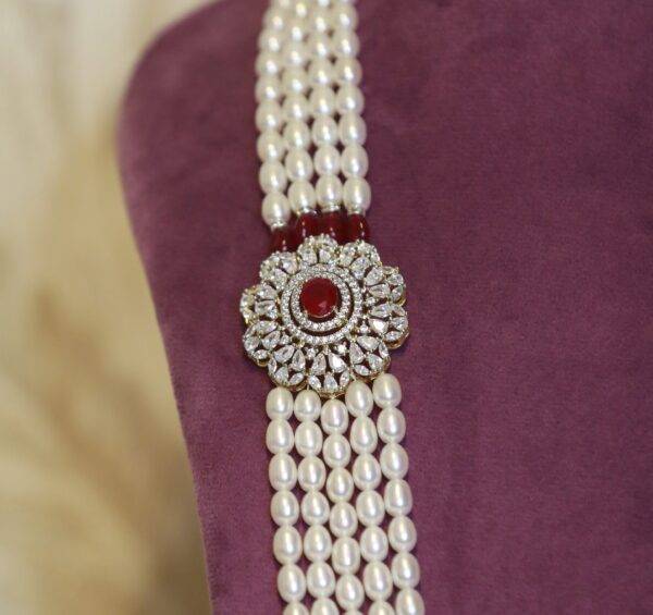 Royal White Oval Pearls Haar With CZ & SP Ruby Side Pendants-2