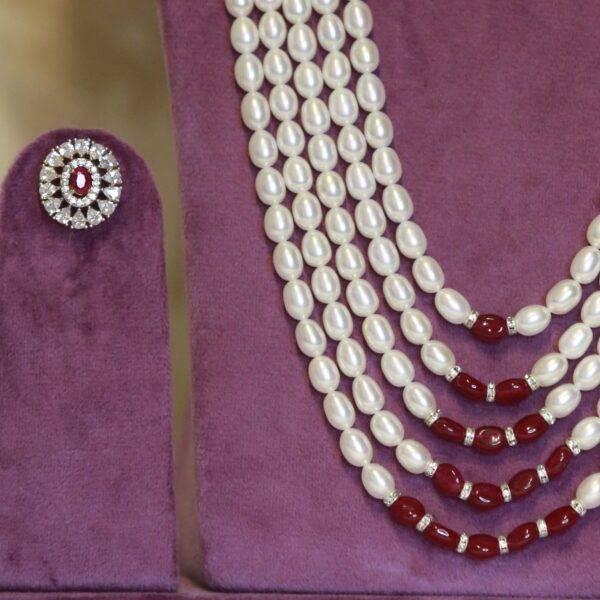 Royal White Oval Pearls Haar With CZ & SP Ruby Side Pendants-1