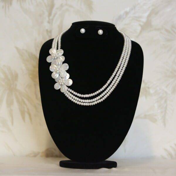 Magnificent 3Row Pearls 21Inch Necklace With White Pearls &MOP Side Pendant
