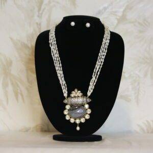 Glamorous Multi-Strand Thin Baroque Pearl Necklace Set With Fusion Kundan Pendant