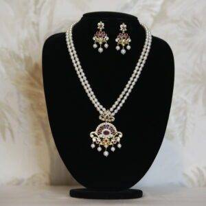 Glorious 2Line White Oval Pearl Necklace With Traditional SP Ruby Pendant