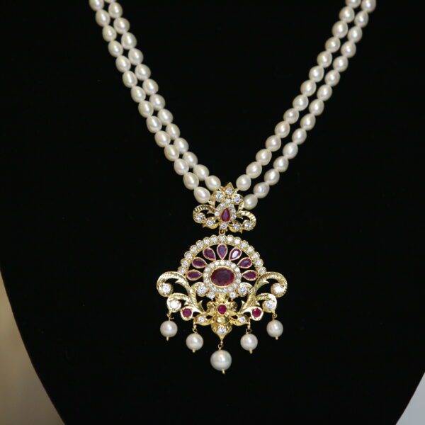Glorious 2Line White Oval Pearl Necklace With Traditional SP Ruby Pendant-1