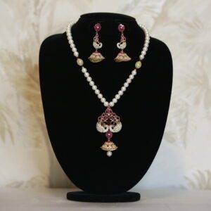 Striking White Round Pearl Necklace With A Lovely SP Ruby Peacock Pendant