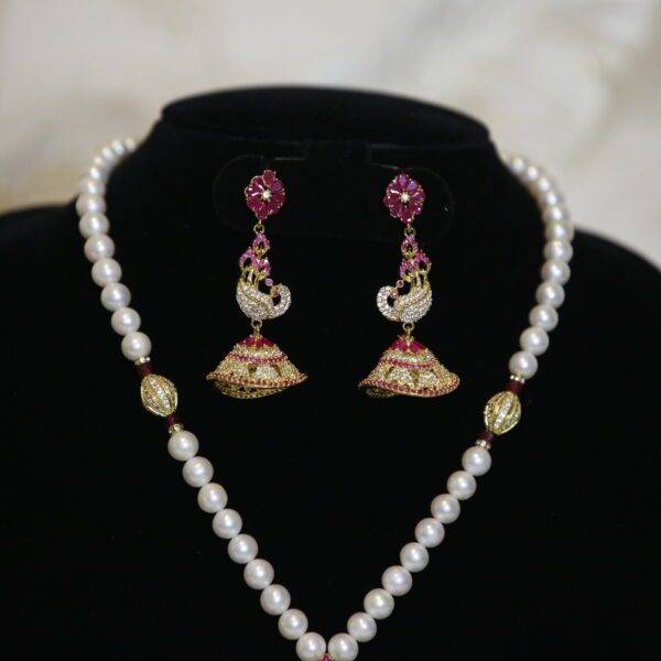 Striking White Round Pearl Necklace With A Lovely SP Ruby Peacock Pendant-2