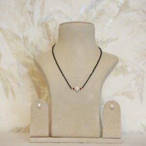 Simple 17Inch Black Beads Necklace With White Pearl & SP Ruby Beads