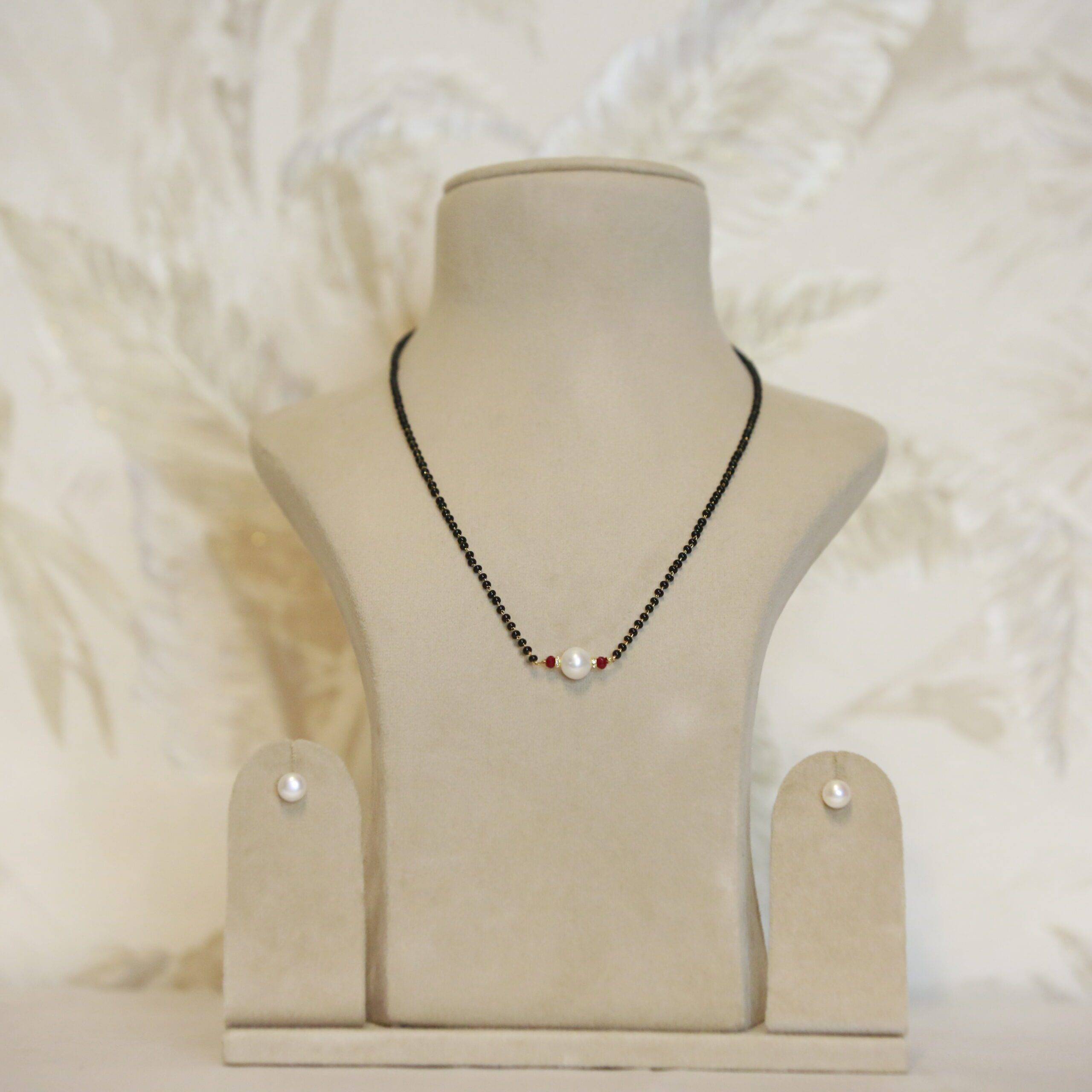 Simple 18Inch Black Beads Necklace With White Pearl SP Ruby Beads Pure Pearls