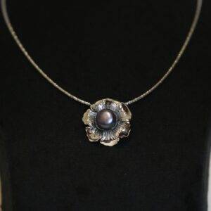Bold Silver Finish Floral Pendant With 12mm Blue Button Pearl
