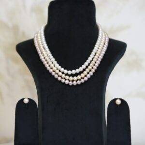 Brilliant Three Line 18Inch Pearl Necklace With White Peach & Pink Round Pearls-1
