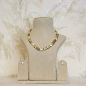 Lustrous Silver, Gold & Green Flat Baroque Pearl 17Inch Necklace