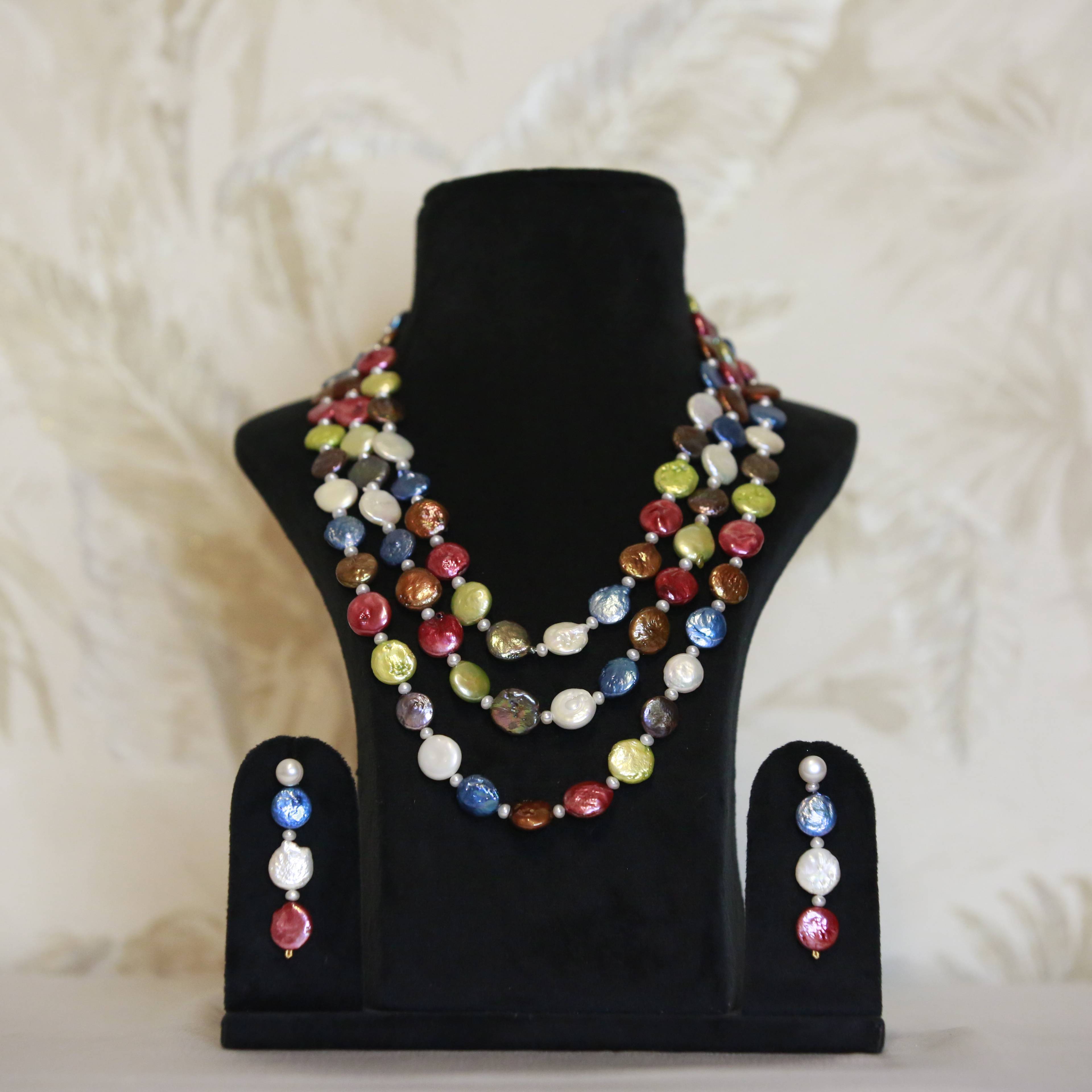 Vibrant 3Row Multicolor Coin Pearl 21 Inch Long Necklace With Seed Pearls