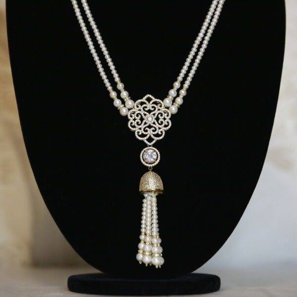 Lovely 2-line White Pearl Necklace With Zircon Pendant & Pearl Tassels-1