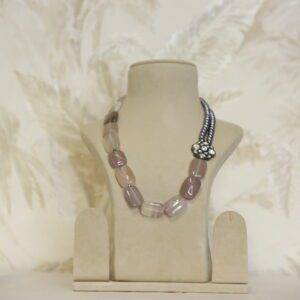 Striking Blue Pearl Necklace With Oxidized Polki Pendant & Grey Onyx