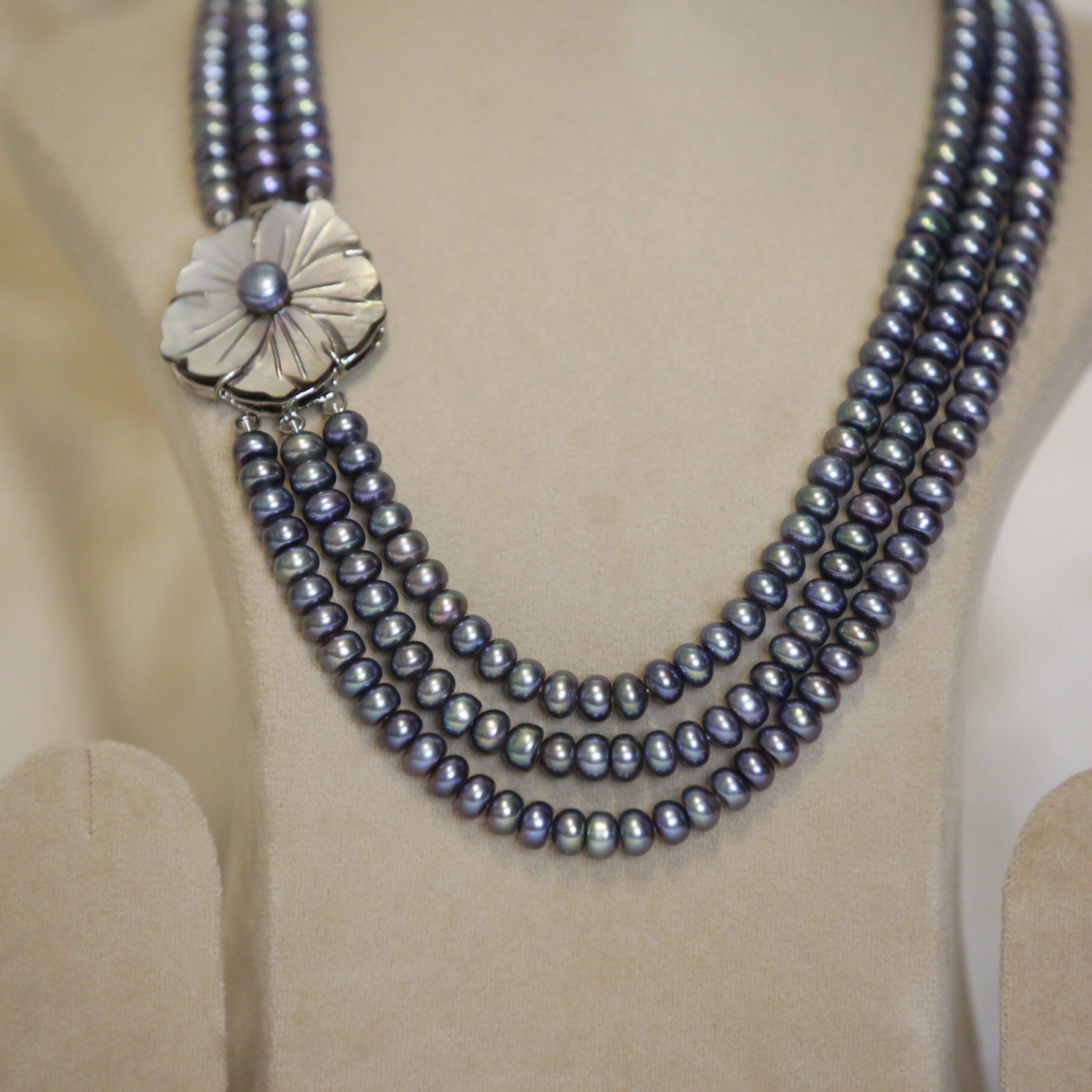 Exquisite Bluish Purple Semi round Pearls Necklace With Mother of Pearl Side Pendant Pure Pearls