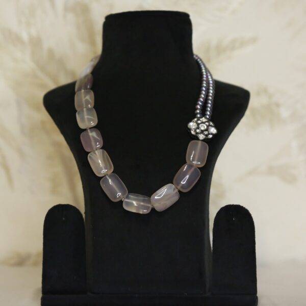 Striking Blue Pearl Necklace With Oxidized Polki Pendant & Grey Onyx-2