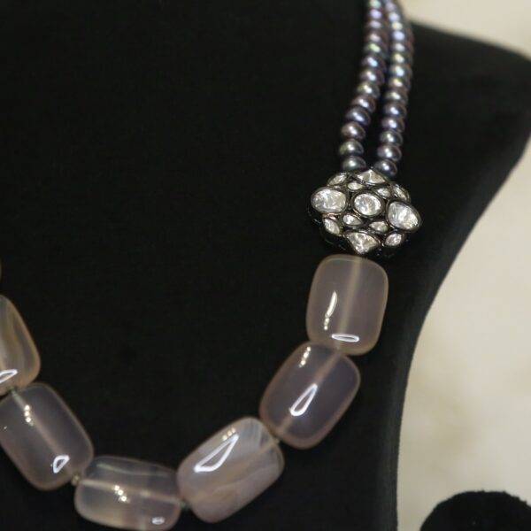 Striking Blue Pearl Necklace With Oxidized Polki Pendant & Grey Onyx-1