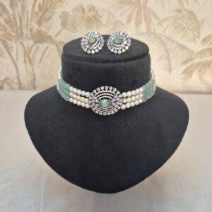 Stunning White Round Pearls Choker With Pastel Green Onyx Beads & CZ Pendant