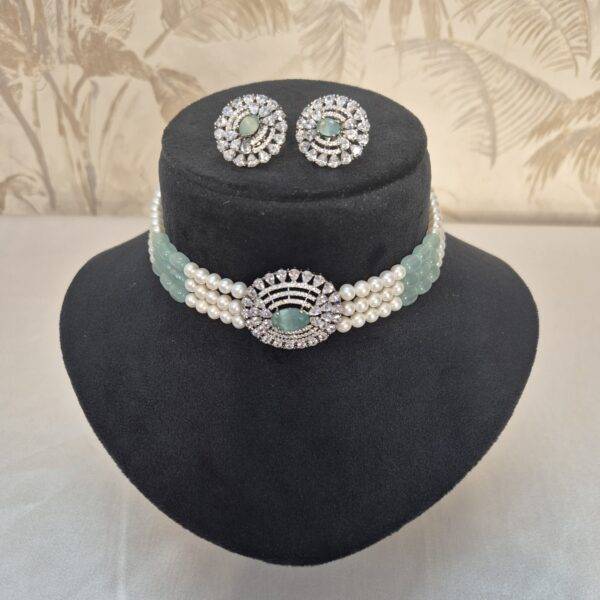 Stunning White Round Pearls Choker With Pastel Green Onyx Beads & CZ Pendant-1