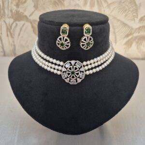 Lovely White Round Pearls Choker With CZ & SP Emerald Abstract Pendant