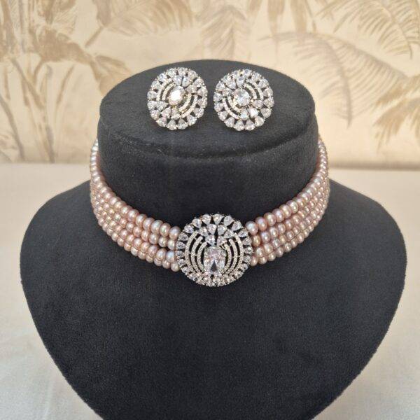 Subtle Multi-line Lavender Semi-round Pearls Choker With Oxidised CZ Pendant-earrings