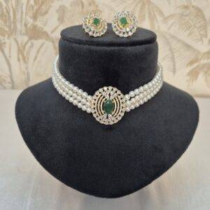 Graceful White Round Pearls Choker With CZ & SP Emerald Pendant