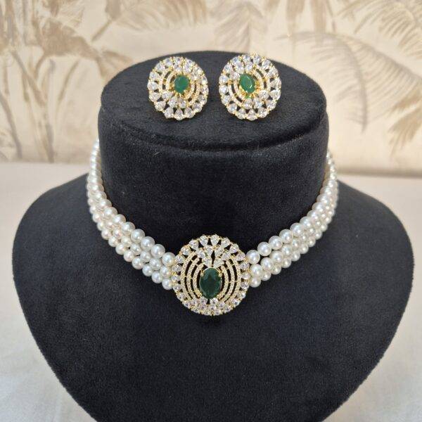 Graceful White Round Pearls Choker With CZ & SP Emerald Pendant-1