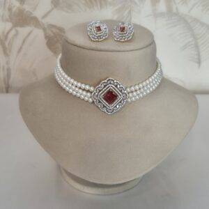 Glamorous White Round Pearls Choker With SP Ruby & CZ Pendant