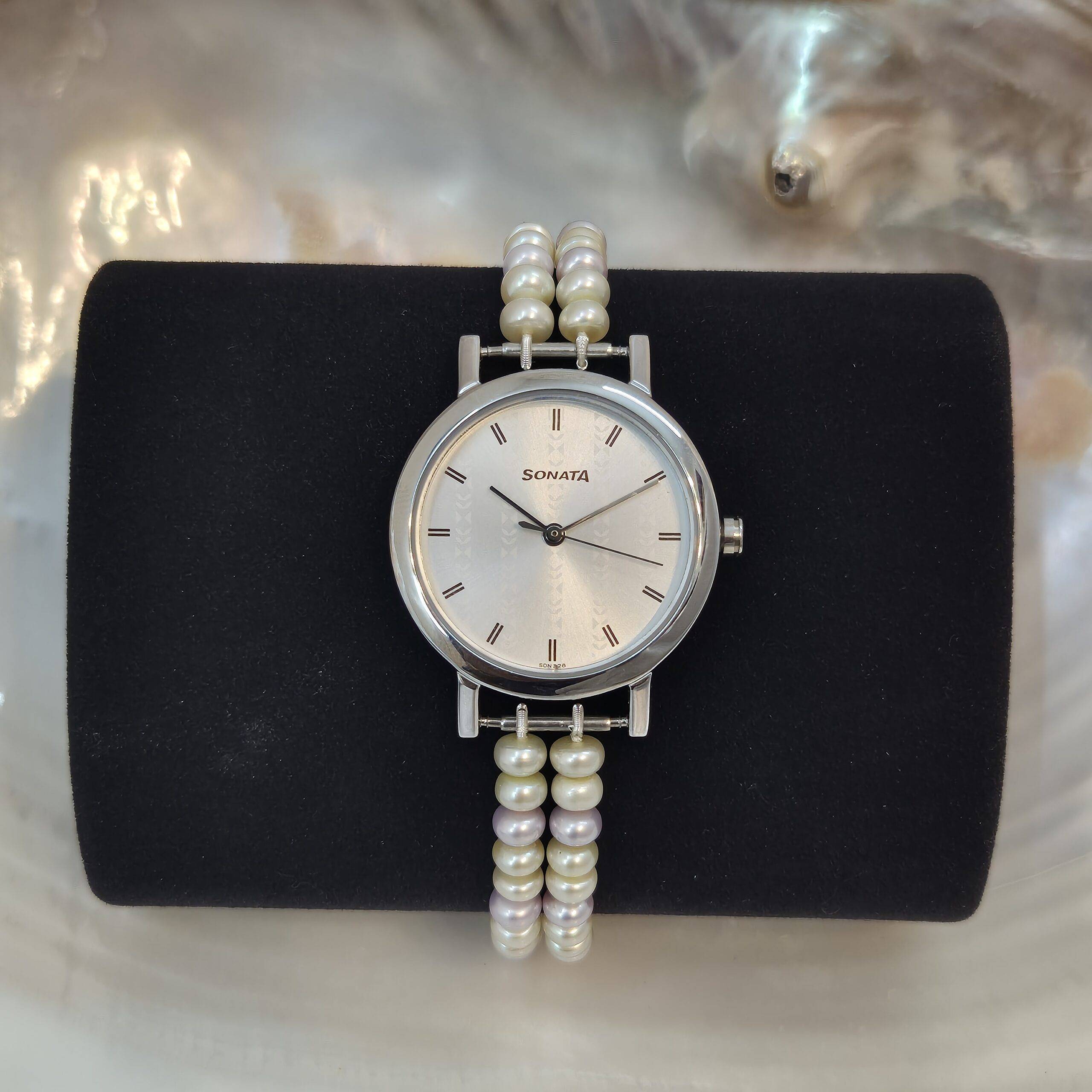 Cute 2 Line Watch with 4mm Light Green and Light Purple Pearls With Sonata Dial Pure Pearls