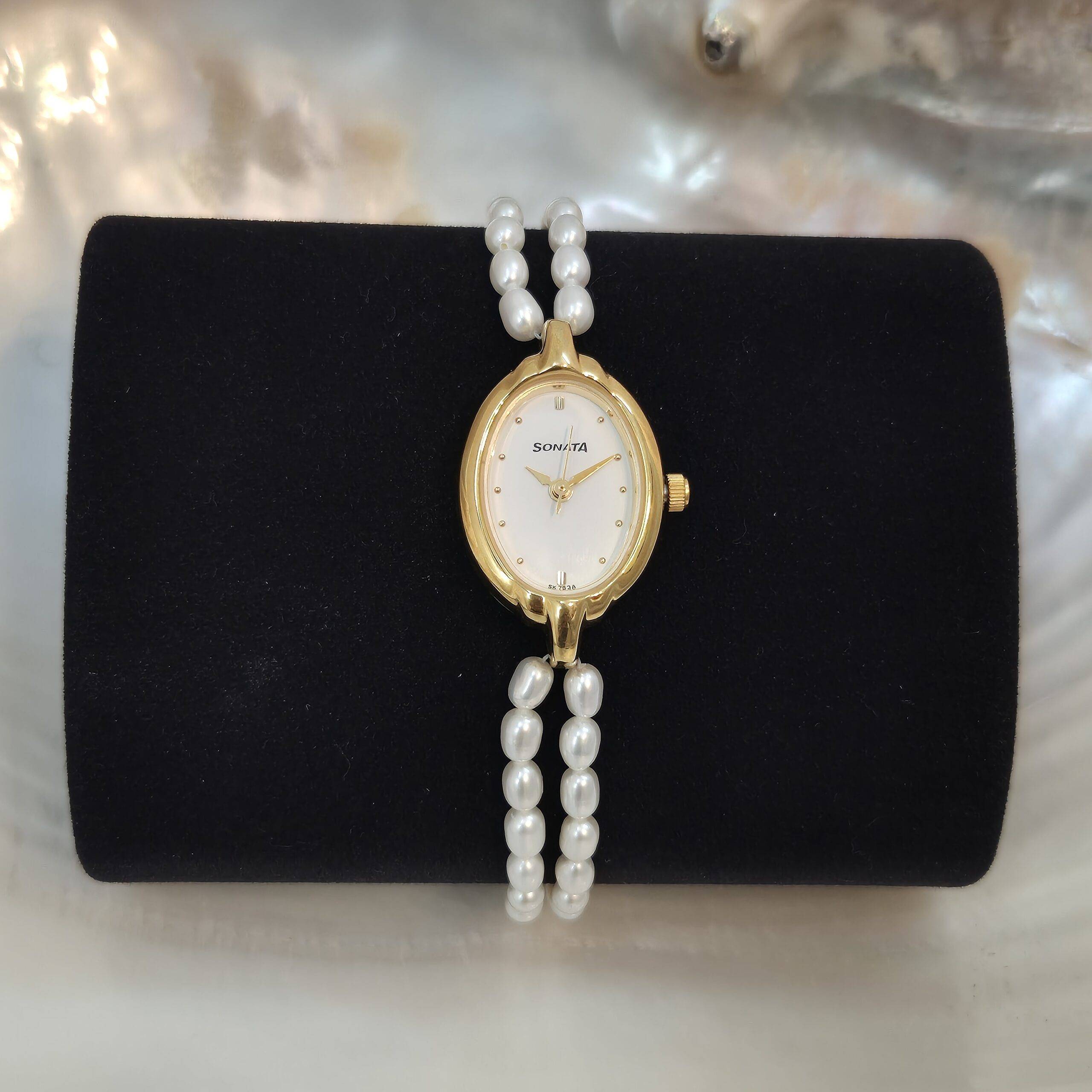 Subtle 2Line 3.5mm White Oval Pearls Watch With Sonata Dial Pure Pearls