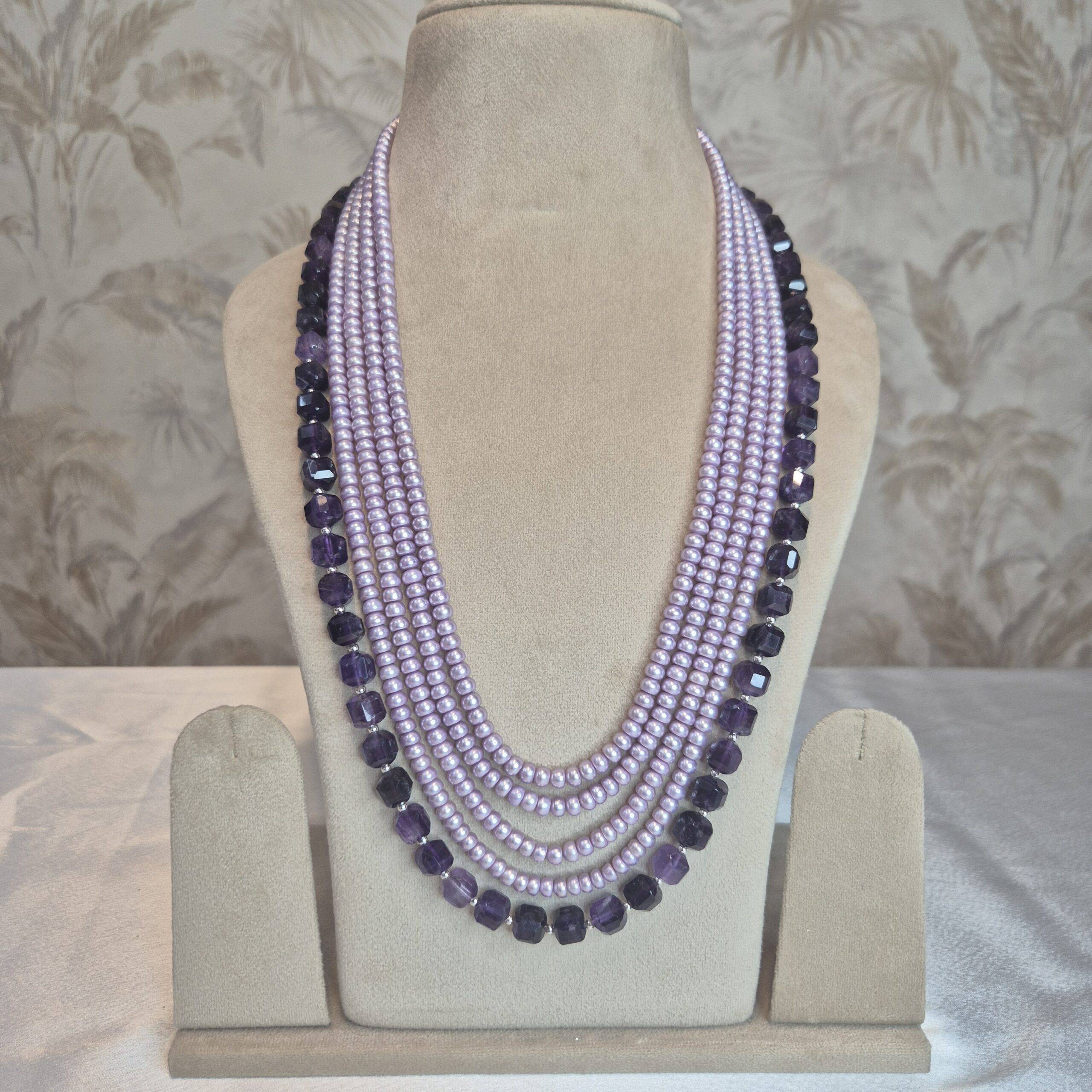 Regal Multi Layer Light Purple Pearls 27Inch Long Necklace With SP Amethyst Beads Pure Pearls
